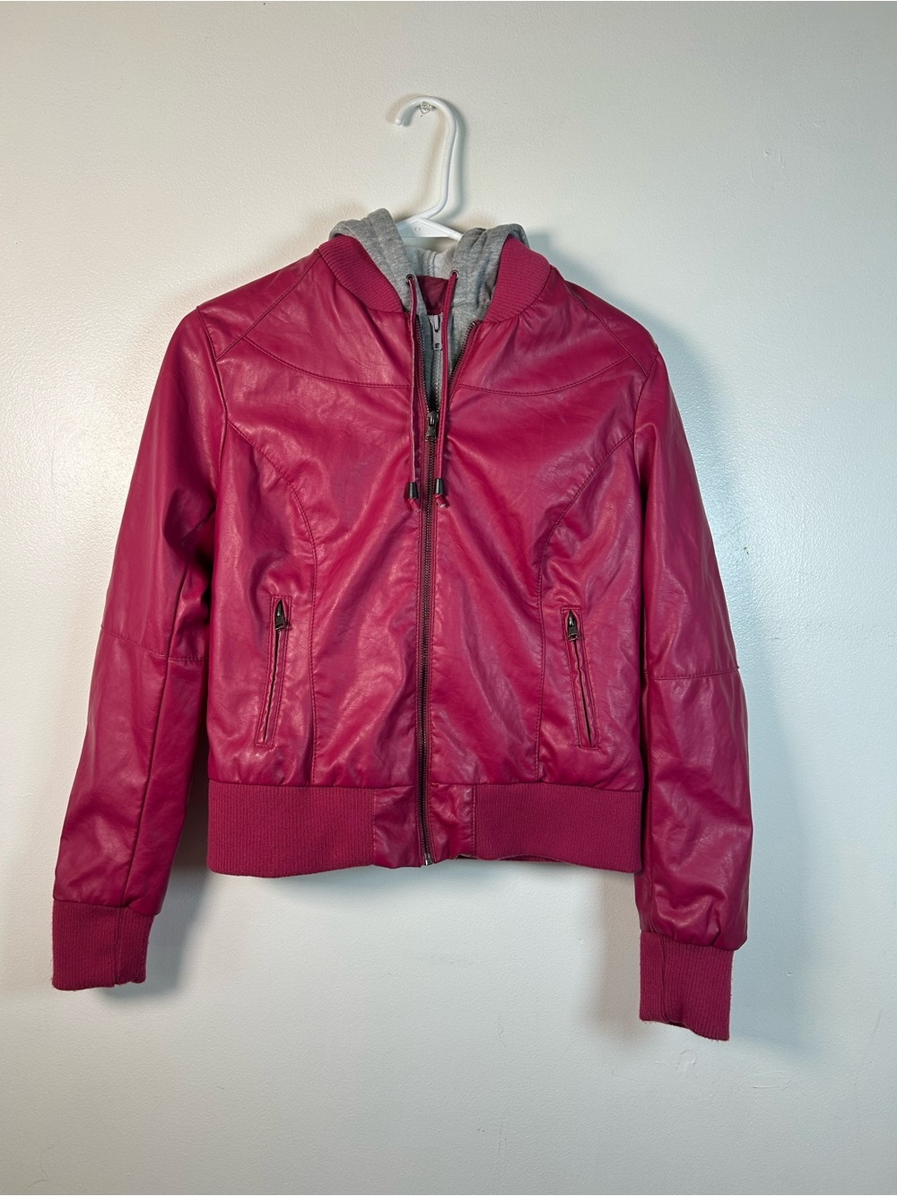 Women Pink Faux Leather Cropped Hooded Bomber Jacket Cafe Racer Moto Y2K Large